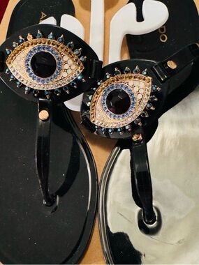 Aldo Black Jeweled Evil Eye Thong Sandals